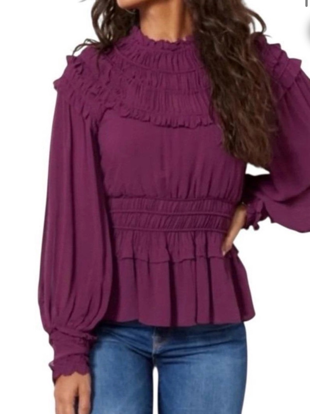 FARM Rio Plum Purple Ruffled Smocked Peasant Blouse